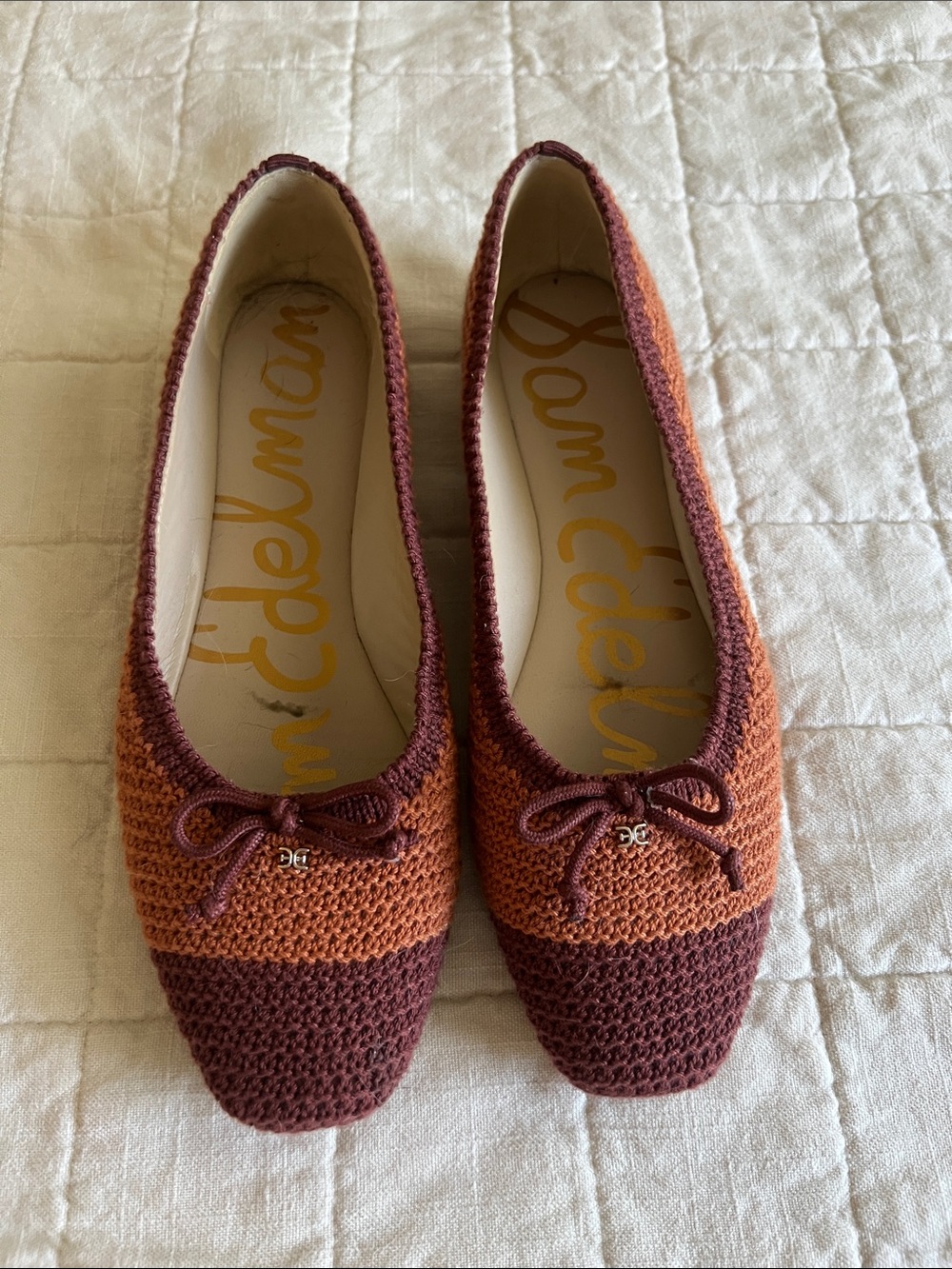 Sam Edelman Two-Tone Crochet Ballet Flats in Rust and Burgundy